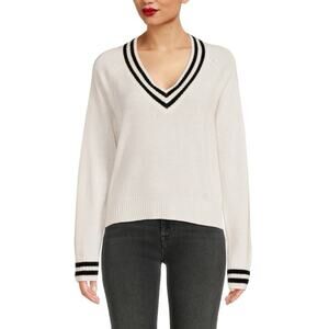 Filoro Sz M Women’s 2-Ply 100% Cashmere Rugby Stripe V-Neck Sweater Ivory Black